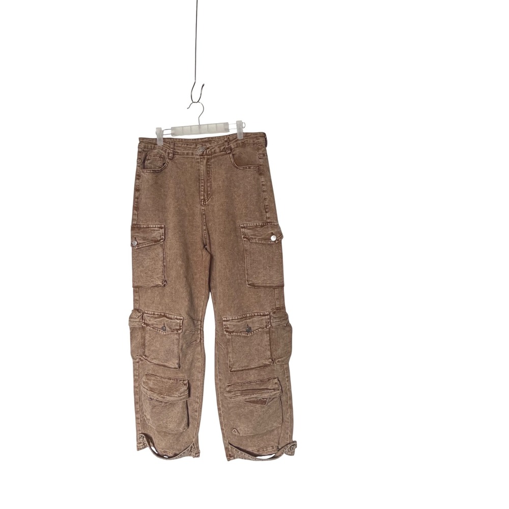 Impulsive Women Brown Acid Wash Multi Pocket Cargo Wide Leg SZ M & Waist 35"